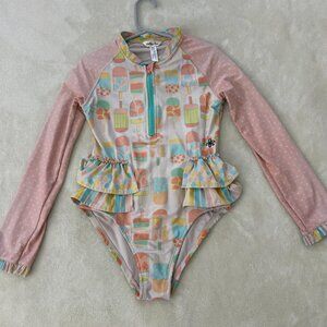 Matilda Jane Girls Popsicle Print Swimsuit Size 8 Rashguard Ruffles